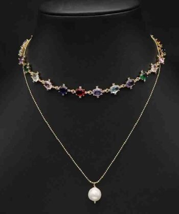 2 Layer Multi Zircon Pearl Necklace
