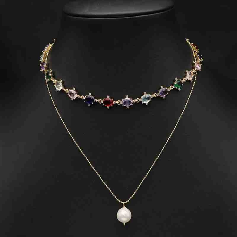 2 Layer Multi Zircon Pearl Necklace