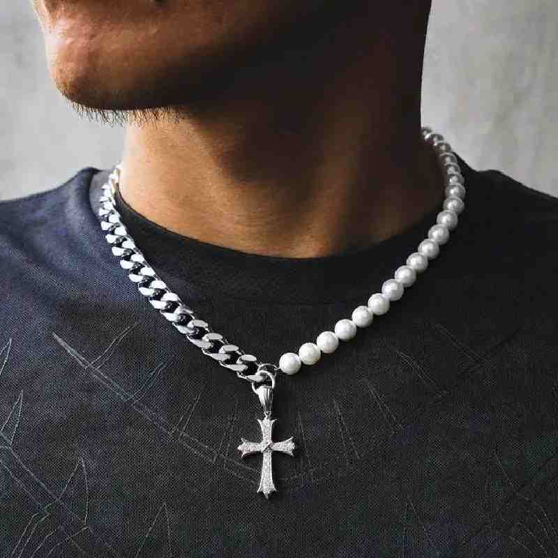 Cuban Link 10mm Pearl Cross Necklace for Men