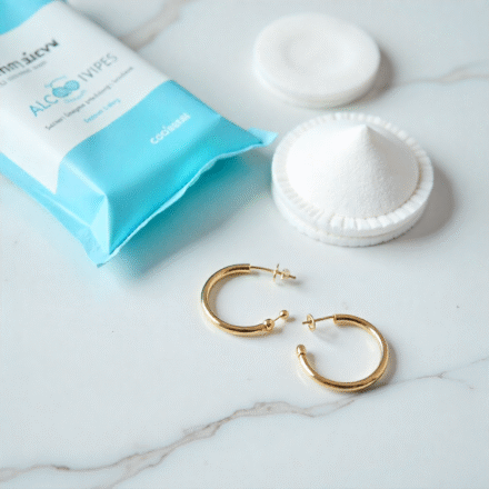 Earring cleaning tools including alcohol wipes and cotton pads used to prevent ear irritation.