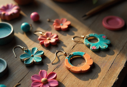 A creative display of handmade polymer clay earrings in multiple shapes and colors